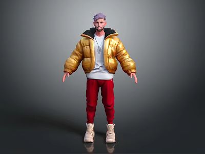 Game Movie Character With Purple Hair Golden Puffer Jacket Red Pants And White Shoes 3d model
