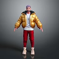 Game Movie Character With Purple Hair Golden Puffer Jacket Red Pants And White Shoes