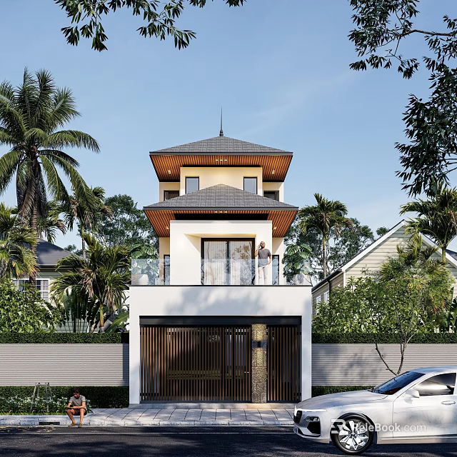 Two Story Detached Villa with Pagoda Style Roof Glass Doors Garage Door and Palm Trees 3d model 