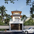 Two Story Detached Villa with Pagoda Style Roof Glass Doors Garage Door and Palm Trees