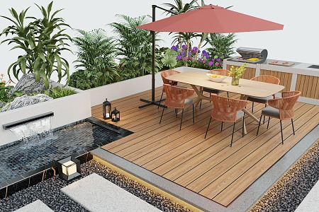 Garden Landscape Flower Pond Outdoor Dining Table Landscape Plants 3d model