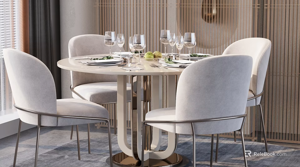Modern Elegant Round Dining Table Set With Upholstered Chairs Metal Legs And Tableware Wine Glasses 3d model 