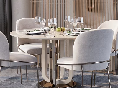 Modern Elegant Round Dining Table Set With Upholstered Chairs Metal Legs And Tableware Wine Glasses 3d model