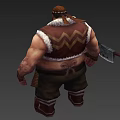 Muscular Bearded Man In Fur Lined Vest And Tattered Bloodstained Apron Holding Cleaver