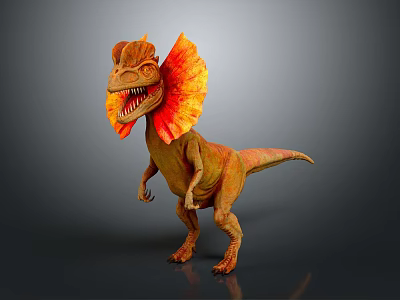 Dilophosaurus Dinosaur Character with Orange Red Frill and Brown Yellow Body Standing on Grey Background 3d model