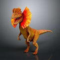 Dilophosaurus Dinosaur Character with Orange Red Frill and Brown Yellow Body Standing on Grey Background