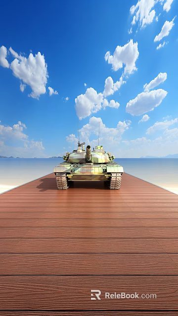 Military Tank on Wooden Platform with Blue Sky White Clouds and Sea View 3d model 