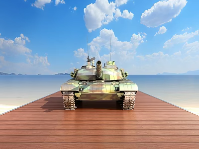 Military Tank on Wooden Platform with Blue Sky White Clouds and Sea View 3d model