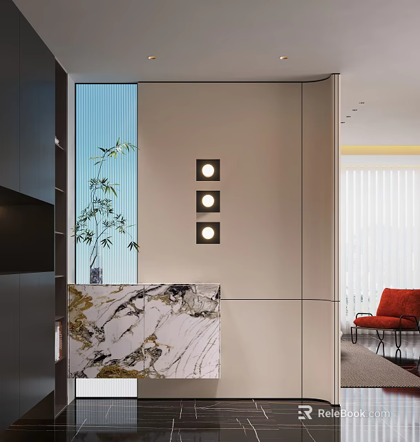 Modern Minimalist Entryway Hallway With Marble Countertop Green Plant And Circular Wall Lights 3d model 