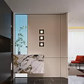 Modern Minimalist Entryway Hallway With Marble Countertop Green Plant And Circular Wall Lights
