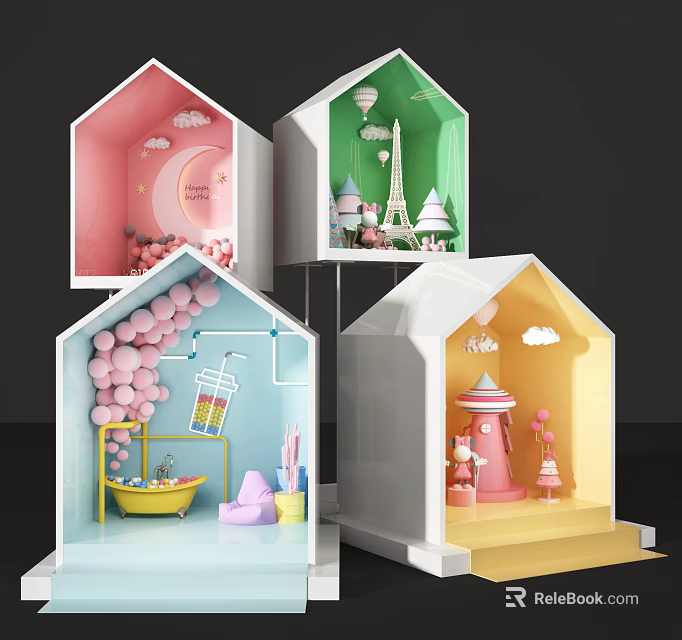 Colorful Miniature House Models With Decorative Interior Scenes And Cute Elements 3d model 