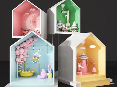 Colorful Miniature House Models With Decorative Interior Scenes And Cute Elements 3d model
