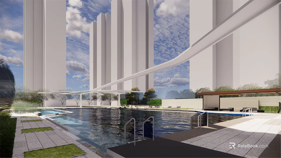 Modern High Rise Buildings Around Outdoor Swimming Pool With Greenery And Cloudy Sky 3d model 