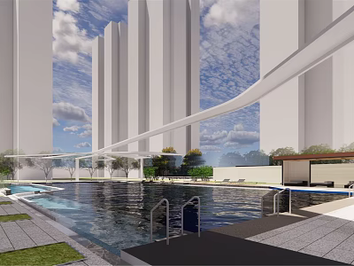 Modern High Rise Buildings Around Outdoor Swimming Pool With Greenery And Cloudy Sky 3d model