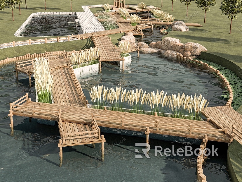 Modern New Chinese Style Plank Road Pond Landscape Bridge Bamboo and Wood Plank Road Waterfront Landscape Park Landscape Bamboo and Wood Corridor Bridge Wheat Ear Aquatic Plants model