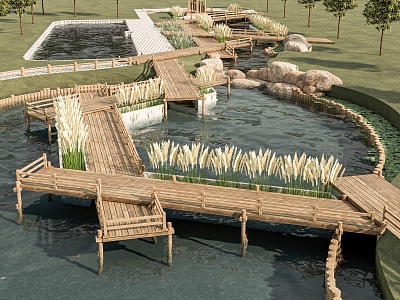 Modern New Chinese Style Plank Road Pond Landscape Bridge Bamboo and Wood Plank Road Waterfront Landscape Park Landscape Bamboo and Wood Corridor Bridge Wheat Ear Aquatic Plants 3d model