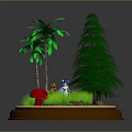 Cartoon Scene Featuring Palm Trees Pine Tree Red Mushroom Characters And Grass On Round Stand