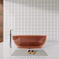 Transparent Blue Bathtub In Bathroom With White Striped Tiles And Silver Faucet