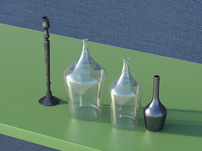 Decorative Glass Bottles And Metal Candlestick On Green Countertop 3d model