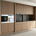 Modern Kitchen Wooden Cabinets With Built-in Appliances Black Countertop Range Hood And Open Shelving