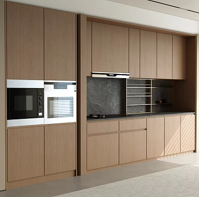 Modern Kitchen Wooden Cabinets With Built-in Appliances Black Countertop Range Hood And Open Shelving 3d model