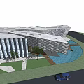Modern Geometric Architectural Building With Glass Metal Facade Greenery And Water Pool