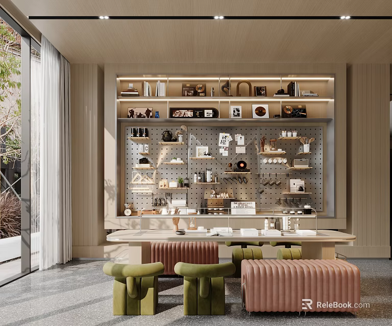 Modern Sales Office Interior Design With Display Shelves And Comfortable Seating 3d model 