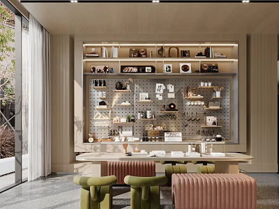 Modern Sales Office Interior Design With Display Shelves And Comfortable Seating 3d model