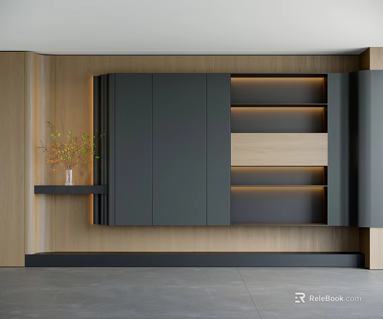 Modern Wooden Wall Interior Design With Black Cabinets Open Shelves And Lighting 3d model 