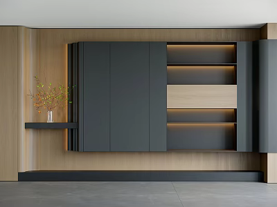 Modern Wooden Wall Interior Design With Black Cabinets Open Shelves And Lighting 3d model