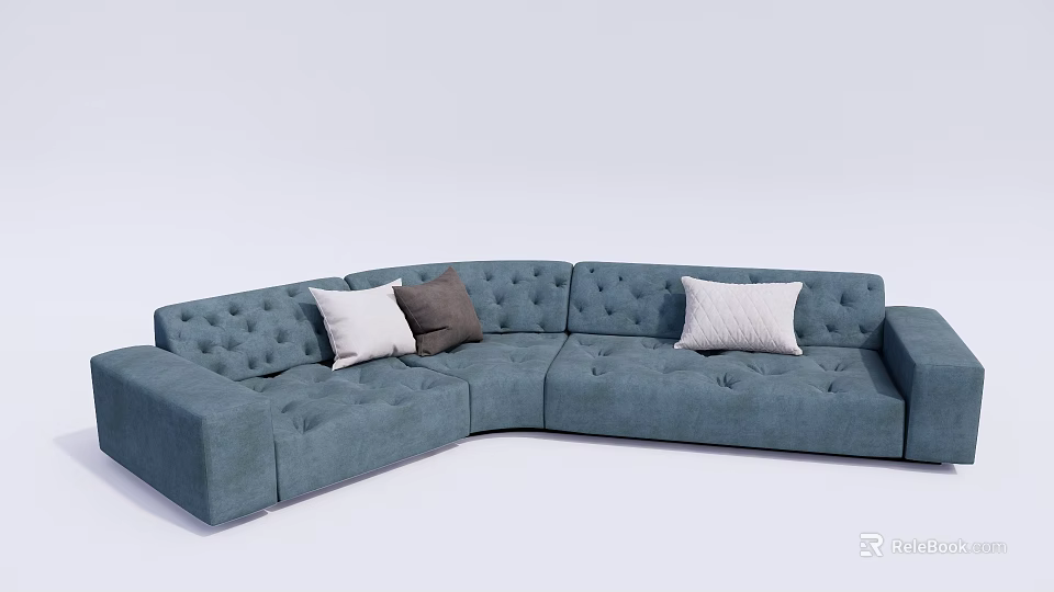Modern Blue Sectional Sofa With Button Tufted Upholstery And Accent Pillows 3d model