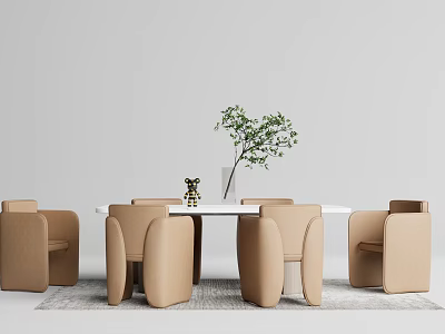 Minimalist Dining Table Set With Beige Chairs White Table Small Decoration And Green Plant 3d model