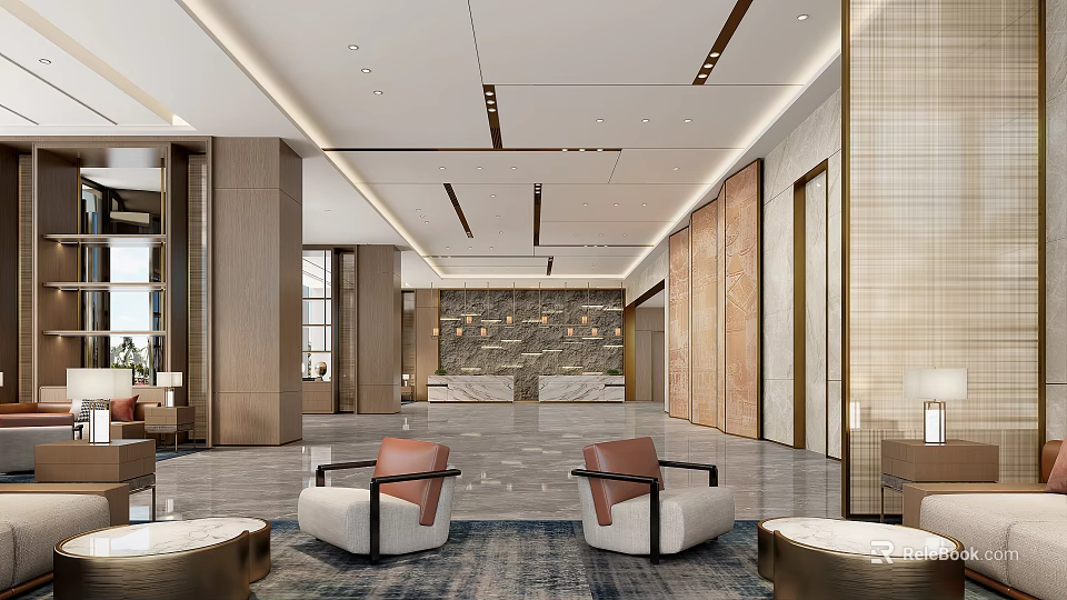 Elegant Spacious Modern Hotel Lobby With Marble Reception Counters And Comfortable Upscale Lounge Seating 3d model 