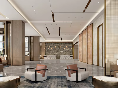 Elegant Spacious Modern Hotel Lobby With Marble Reception Counters And Comfortable Upscale Lounge Seating 3d model