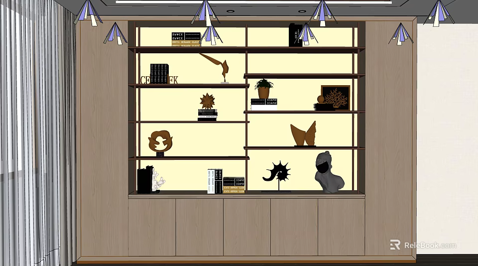 Modern Bookcase Interior Design With Multiple Shelves Books Decorative Items And Small Plants 3d model 