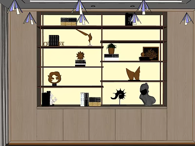 Modern Bookcase Interior Design With Multiple Shelves Books Decorative Items And Small Plants 3d model