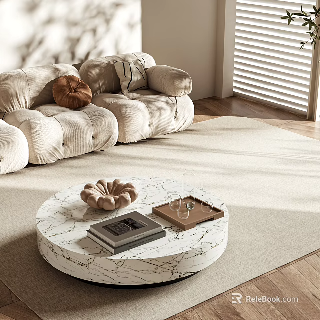 Stylish Round Marble Coffee Table With Books Floral Tray In Bright Living Room Beige Sofa Sunlight Blinds 3d model 