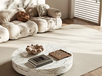 Stylish Round Marble Coffee Table With Books Floral Tray In Bright Living Room Beige Sofa Sunlight Blinds 3d model