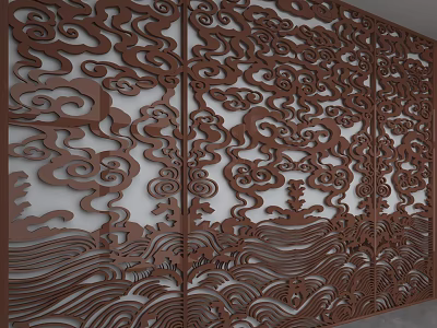 Intricate Carved Brown Background Wall With Cloud And Wave Patterns 3d model