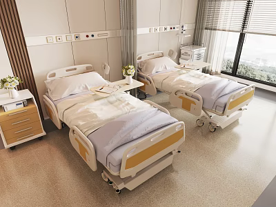 Adjustable Medical Beds In Hospital Room With Side Tables And Patient Care Equipment 3d model