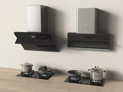 Stainless Steel Kitchen Appliances Featuring Wall Mounted Range Hoods And Gas Stoves 3d model