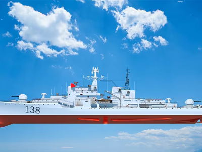 Modern Naval Warship With Hull Number 138 And Red Flag Under Blue Sky With White Clouds 3d model