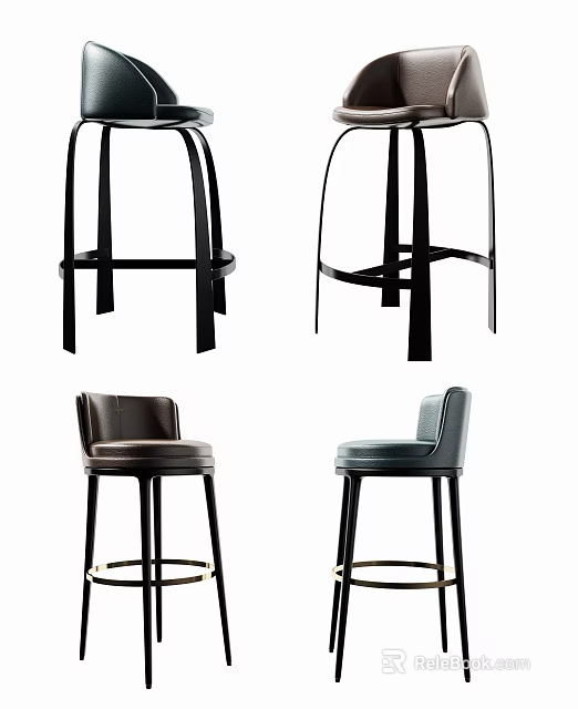 Modern Bar Stools With Black Metal Frame And Leather Seats In Brown Blue Tones 3d model 