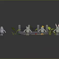 Cartoon Characters Blue Figure Green Creatures With Rabbit Ears Near Plants Fence On Reflective Surface