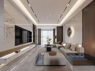 Modern Living and Dining Room Interior With Marble Wall TV Unit And Sofa Setup 3d model