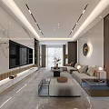 Modern Living and Dining Room Interior With Marble Wall TV Unit And Sofa Setup