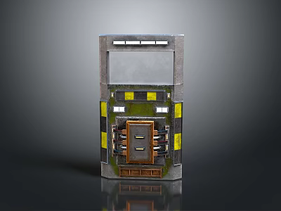 Grey Small Modular Structural Component With Window Yellow Black Warning Stripes And Storage Base 3d model