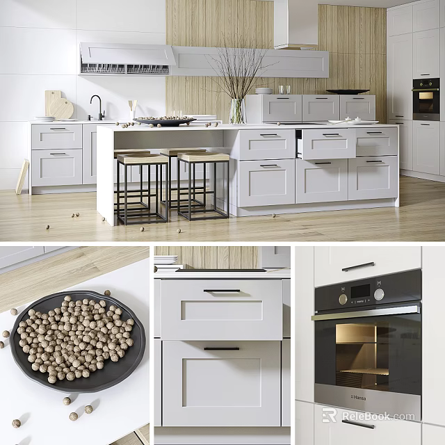 Modern Kitchen Interior With White Cabinets Island Bar Stools And Wooden Flooring 3d model 