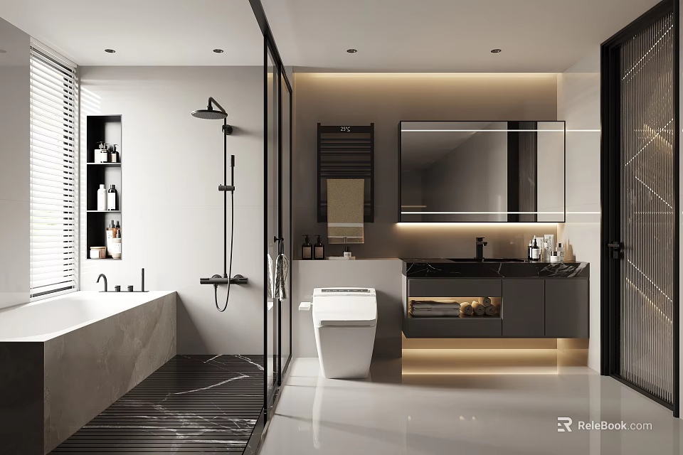 Modern Bathroom Interior Design With Bathtub Shower Area Vanity Mirror And Cabinets 3d model 