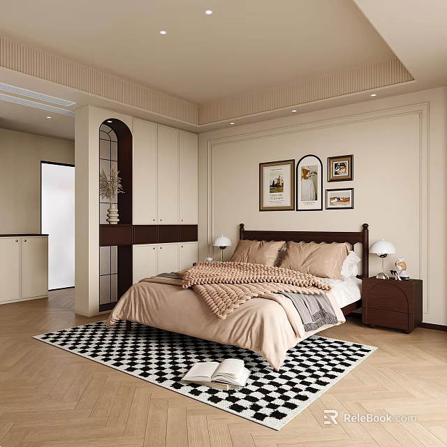 Cozy Bedroom Interior Design With Wooden Bed Frame Checkered Rug And Framed Wall Art 3d model 